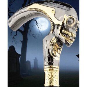 Skull Handle Walking Cane With Gold Accents